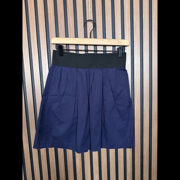 Zara Skirt Small Womens Blue Navy Pleated Golden Zip Stretch Waist 100% Cotton - Picture 2 of 7